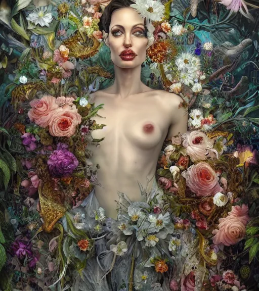 Image similar to portrait of the angelina jolie of the underworld, surrounded by flowers by karol bak, james jean, tom bagshaw, rococo, trending on artstation, cinematic lighting, hyper realism, octane render, 8 k, hyper detailed.