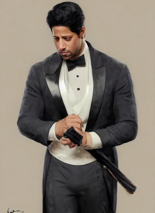 Image similar to a professional painting of Adam Rodriguez as a handsome young prince, wearing an high fashion paper tuxedo, intricate, elegant, digital painting, concept art, smooth, sharp focus, illustration, from Metal Gear, by Ruan Jia and Mandy Jurgens and Artgerm and William-Adolphe Bouguereau