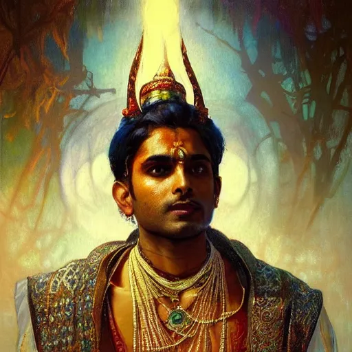 Prompt: portrait of Indian male priest, fantasy, powerful, elegant, intricate, beautiful lighting, perfect composition, by greg rutkowski, thomas kindkade, alphonse mucha