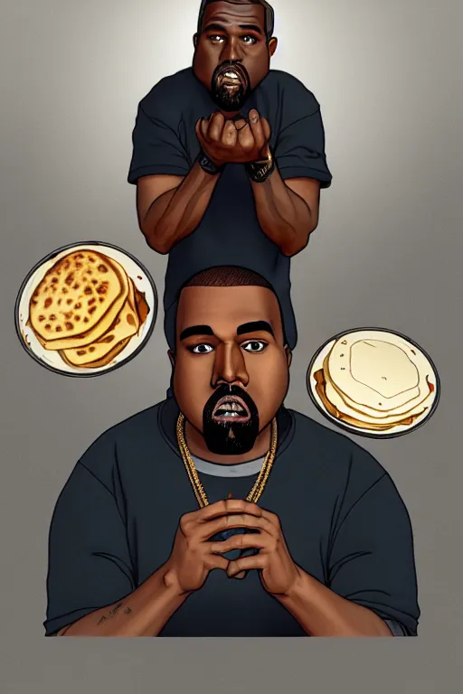 Image similar to kanye west making pancakes, animation pixar style, by pendleton ward, magali villeneuve, artgerm, rob rey and kentaro miura style, golden ratio, trending on art station