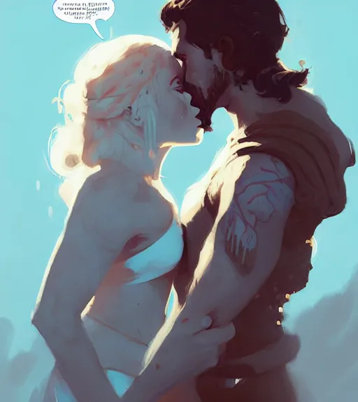 Prompt: portrait of jon kissing dany by atey ghailan, by greg rutkowski, by greg tocchini, by james gilleard, by joe fenton, by kaethe butcher, dynamic lighting, gradient light blue, brown, blonde cream and white color scheme, grunge aesthetic