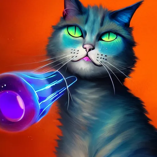 Prompt: Alchemist cat, colorful sparkling chemicals, illustration, trending on artstation, dramatic lighting, concept art, high quality, detailed,