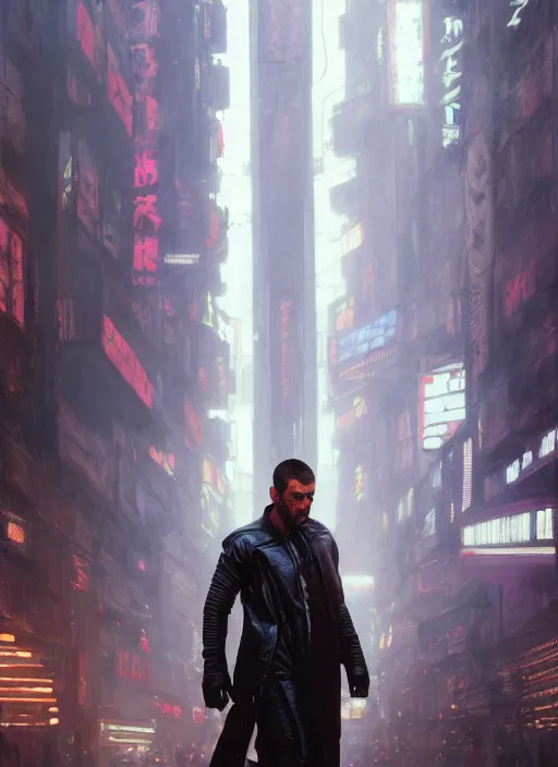 Prompt: blade runner with four robotic legs ( blade runner 2 0 4 9, dystopian, cyberpunk 2 0 7 7 character design ). orientalist portrait by john william waterhouse and james gurney and theodore ralli and nasreddine dinet, oil on canvas. cinematic, hyper realism, realistic proportions, dramatic lighting, high detail 4 k