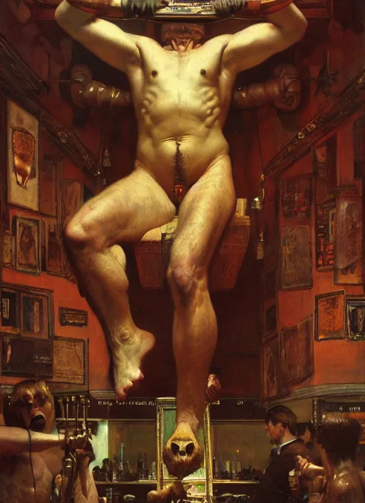 Image similar to upper body portrait of a minotaur in a pub, by lawrence alma-tadema and zdzislaw beksinski and norman rockwell and jack kirby, artstation creature art