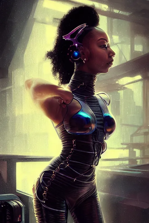 Prompt: cyberpunk Normani as aeon flux profile picture by Greg Rutkowski, dynamic pose, intricate, futuristic, fantasy, elegant, by Stanley Artgerm Lau, greg rutkowski, thomas kindkade, alphonse mucha, loish, norman Rockwell, metal chrome, shiny, rainy background, asymmetric, adro hair,