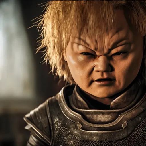 Image similar to justin sun as chucky in game of thrones, 4 k, epic, cinematic, focus, movie still, fantasy, serious, extreme detail, atmospheric, dark colour, sharp focus