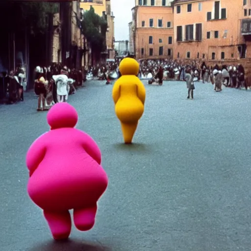 Prompt: two women dressed as squishy inflatable toys from behind, on the streets of rome, film still, fellini 1977 technicolor