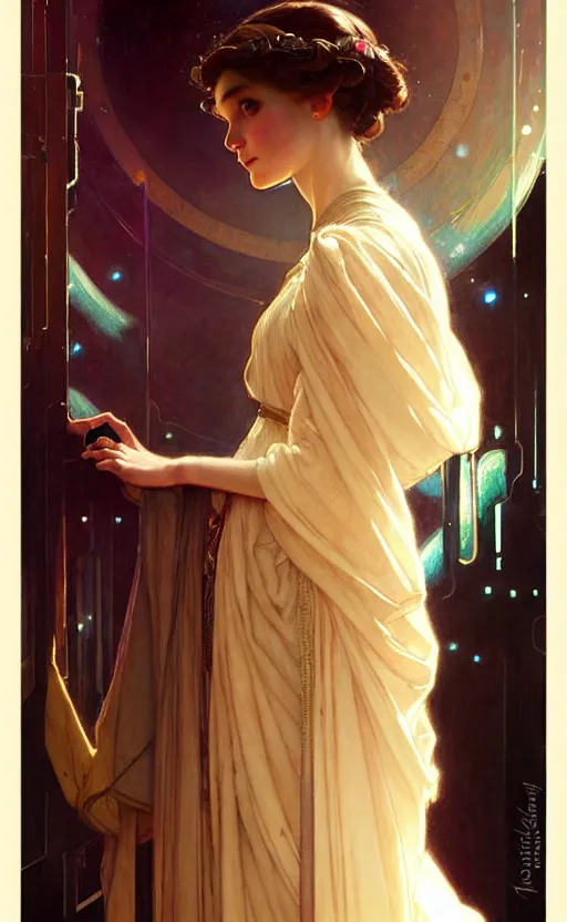 Prompt: girl wearing gown gorgeous lighting by weta studio, mucha, bautista and norman rockwell and greg rutkowski and tom bagshaw and james gurney and lucasfilm