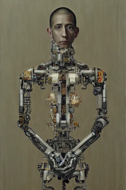 Image similar to robot monk painting a self - portrait on a canvas. intricate, highly detailed, photorealistic, film still, by vdragan bibin.