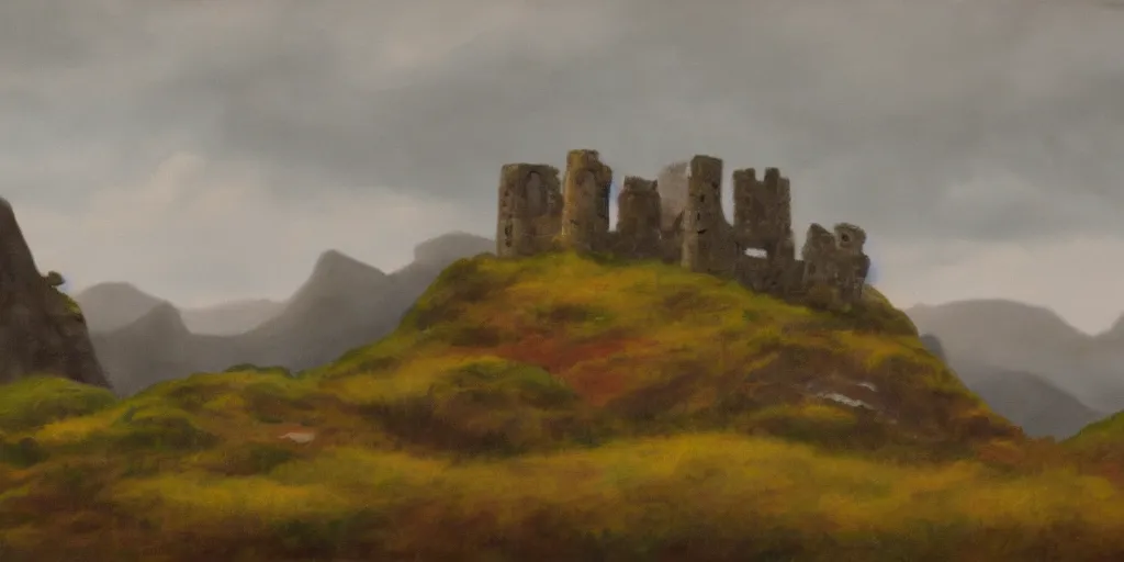 Prompt: painting of rocky highlands with a ruined stone fort in the far distance, overcast skies, muted colors