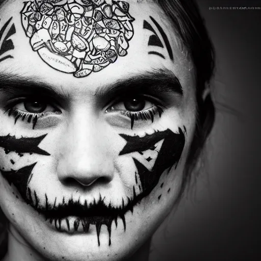 Prompt: symmetrical, close up face portrait of cannibal shoa labouf, covered in sesame street tattoos, studio lighting, depth of field, photography, black and white, highly detailed