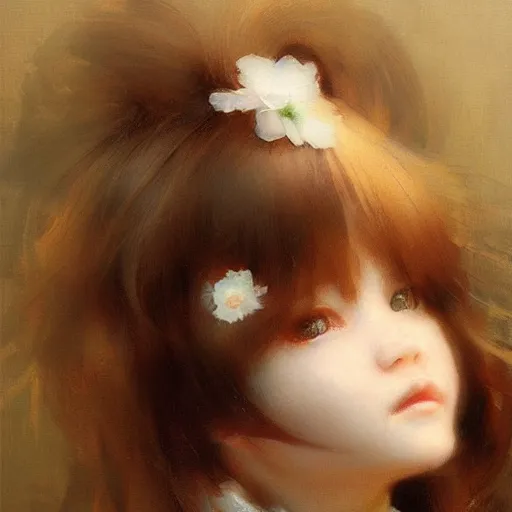 Prompt: little beauty girl with brown hair. By Ruan Jia. Ayami Kojima. Masterpiece