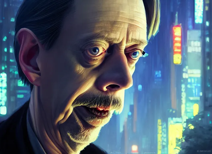 Image similar to a film still portrait of steve buscemi wizard, finely detailed features, closeup of face, cinematic lighting, perfect art, night cyberpunk city, intricate, anime, gapmoe grimdark, artstation, trending on pixiv fanbox, painted by greg rutkowski makoto shinkai takashi takeuchi studio ghibli, akihiko yoshida, 4 k