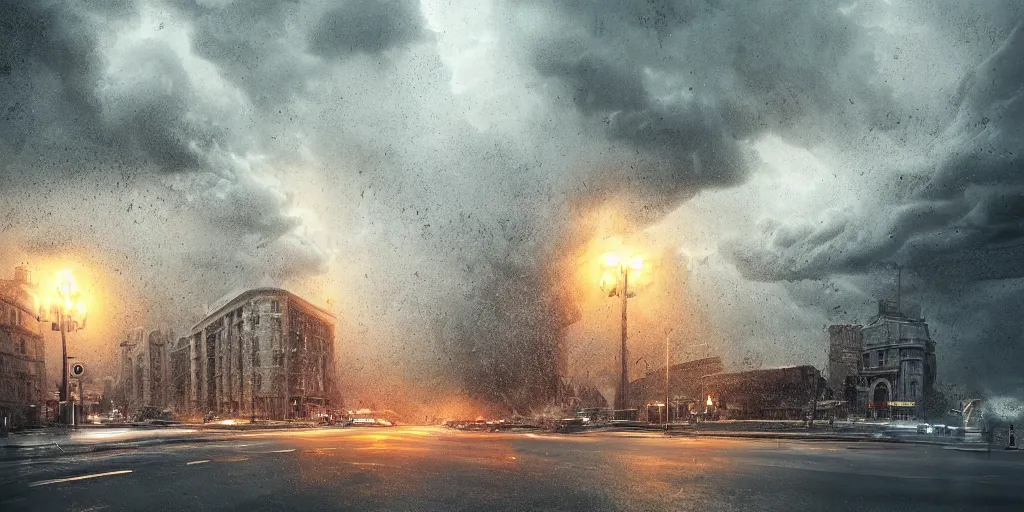 Image similar to photograph of severe weather storms across europe, hyper realistic, architecture, detailed textures, hyper realistic, cinematic lighting, urban art style, climate change, digital art painting by gilles beloeil, cinematic, concept art, 3 5 mm grain filter