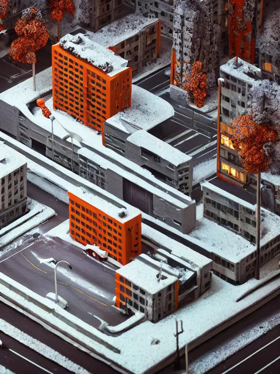 Prompt: 8 0 mm detailed isometric diorama a soviet residential building, brutalism architecture, lights are on in the windows, old soviet car parking nearby, sad man in winter jacket passing by, dark night, cozy and peaceful atmosphere, fog, cold winter, blizzard, streetlamps with orange light, several birches nearby