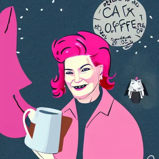 Image similar to captain janeway sharing coffee with a robotic fox with pink hair, in a french cafe, digital art