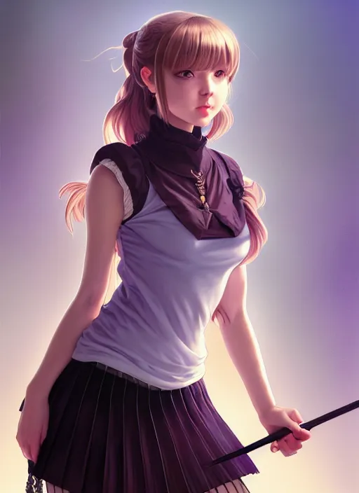 Image similar to portrait of a full body of beautiful young female detective, d & d, sleeveless turtleneck, pleated skirt, fantasy, flat lighting, intricate, highly detailed, digital painting, artstation, concept art, smooth, sharp focus, illustration, misa amane, art by simon bisley and greg rutkowski and alphonse mucha, natural tpose