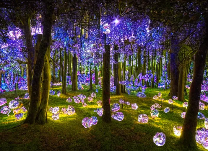 Image similar to a magical forest with crystal flowers that glow in the dusk,