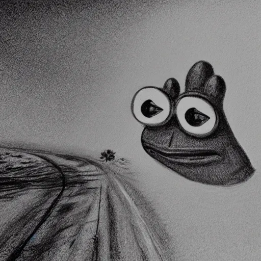 Prompt: hyperealistic charcoal drawing of Pepe the frog thru hiking on a desert trail