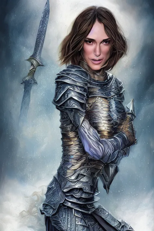 Image similar to A fantasy comic book style, composite portrait painting of Keira Knightley, Cory Chase as an Atlantean, Reptilian Warrior, Mystical Valkyrie, Armor, Sword, Spear, Sheild, François Boucher, Oil Painting, unreal 5, DAZ, hyper realistic, Photorealistic, octane render, Regal, Refined, Coherent, Detailed Digital Art, RPG portrait, William-Adolphe Bouguereau, Michael Cheval, Walt Disney (1937), Steampunk, Golden dappled dynamic lighting, Highly Detailed, Theophanic atmosphere, Cinematic Lighting, Unreal Engine, 8k, HD