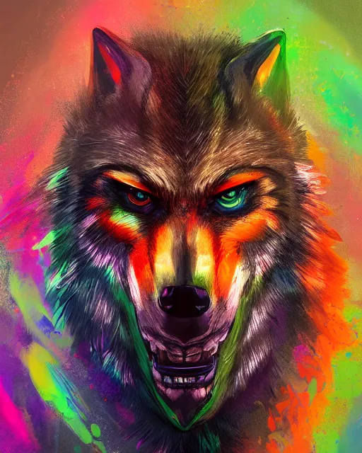 Prompt: a head and shoulder portrait of Werewolf painted in the colorful and expressive style of Kotwdq, trending on Artstation 8k photorealistic