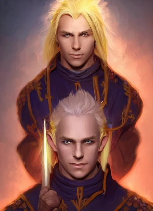 Image similar to male priest blonde parted hair healer, dndbeyond, bright, colourful, realistic, dnd character portrait, full body, pathfinder, pinterest, art by ralph horsley, dnd, rpg, lotr game design fanart by concept art, behance hd, artstation, deviantart, global illumination radiating a glowing aura global illumination ray tracing hdr render in unreal engine 5