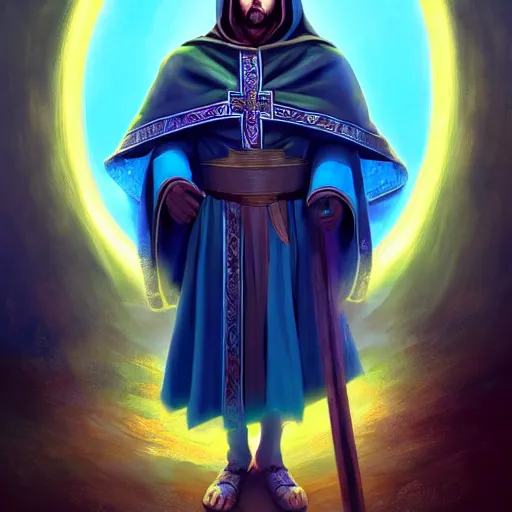 Image similar to detailed portrait of holy crusader, old roman style, non - reflective blue neon cloak, decorated with traditional holy church ornaments by rhads, makoto shinkai cyril rolando, madgwick illustrated, perfect face, fine details, realistic shaded, fine - face, pretty face