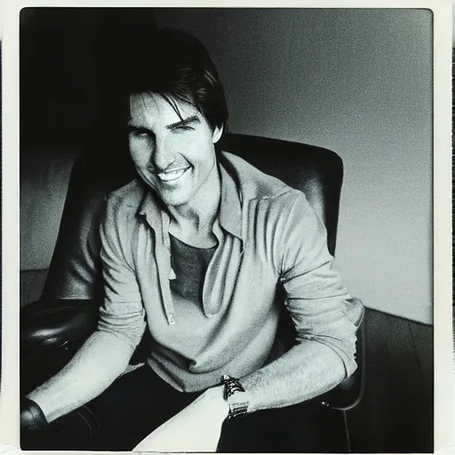 Image similar to Polaroid of Tom Cruise sitting in recliner with remote control 1983