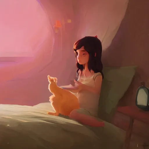 Image similar to a girl is lying on the bed and playing with her mobile phone, a ragdoll cat is lying on the side, characterized by roman shipunov, etienne hebinger, atey ghailan, cgsociety, fantasy art, 2 d game art