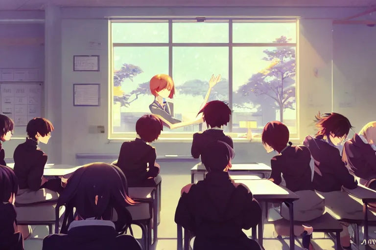 boy's love anime modern high school classroom in, Stable Diffusion