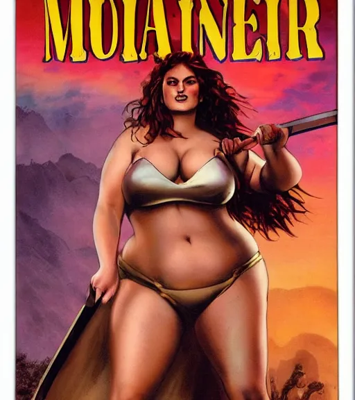 Image similar to 1 9 8 0 s fantasy novel book cover, bbw plus size amazonian sophie turner in extremely tight bikini armor wielding a cartoonishly large sword, exaggerated body features, dark and smoky background, low quality print