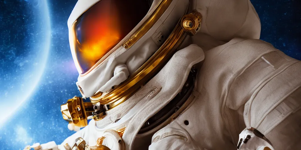 Image similar to skull in astronaut suit with gold linens, cinematic lighting, dramatic, octane render, long lens, depth of field, bokeh, anamorphic lens flare, 8k, hyper detailed