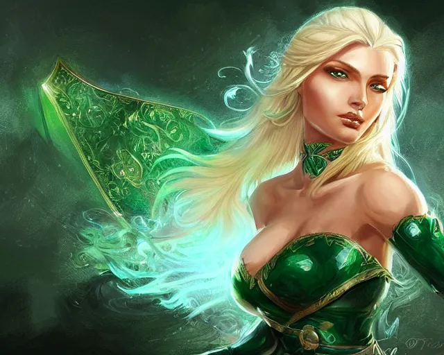 Prompt: A blonde emerald warrior, HD, illustration, epic, fantasy, intricate, elegant, amazing detail, digital painting, artstation, concept art, smooth, sharp focus, illustration, art by Tony Sart