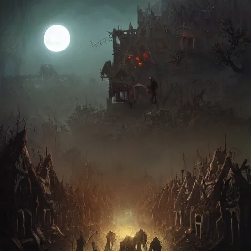 Prompt: A hoard of zombies approaching, Scary, Moonlit Night, 8k resolution matte fantasy painting, cinematic lighting, DeviantArt, Artstation, Jason Felix Steve Argyle Tyler Jacobson Peter Mohrbacher