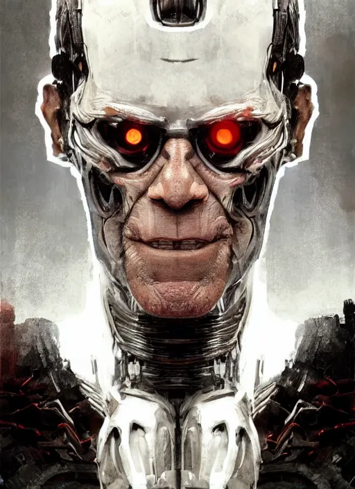 Image similar to portrait of willem dafoe as victor stone, cyborg, borg, strogg, face of a man, terminator, flesh, quake strogg, doom demon, wolfenstein, monstrous, symmetry, symmetrical, concept art by ruan jia and greg rutkowski