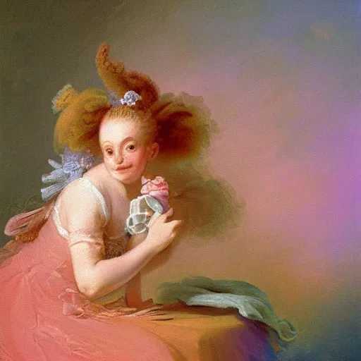 Image similar to helga pataki's teeth, soft rainbow light, painting by fragonard