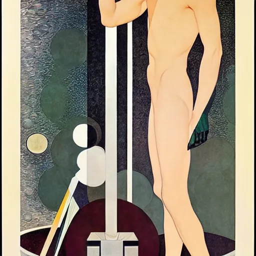 Image similar to art by coles phillips, a tall chrome - skinned god walks the earth, reflective skin, chrome, skin with a mirrror like finish similar to the silver surfer, mucha, kandinsky