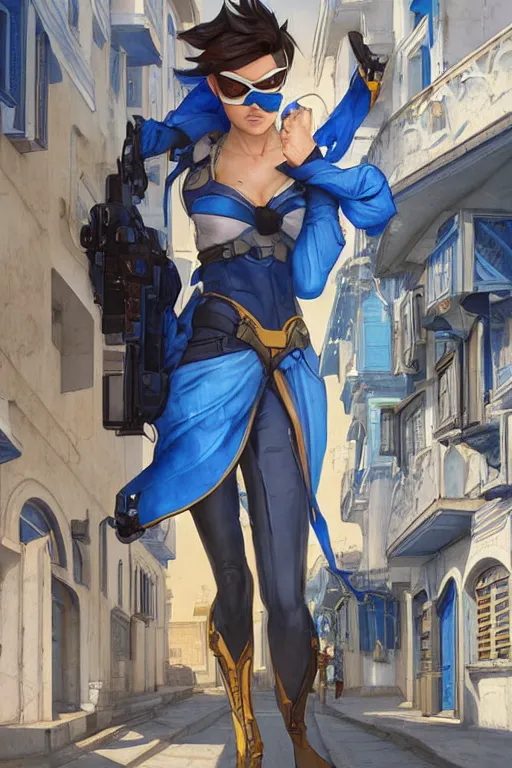Image similar to tracer from overwatch travels in tetouan streets, blue and white houses, mosque, highly detailed, digital painting, artstation, concept art, smooth, sharp focus, illustration, art by artgerm and greg rutkowski and alphonse mucha
