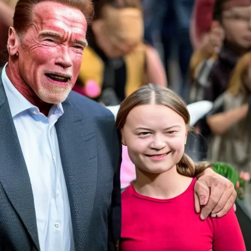 Image similar to Arnold Schwarzenegger and Greta Thunberg are happy together, realistic cartoon