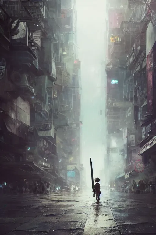 Image similar to a portrait of a small person wearing a katana in the middle foreground walking in the street of a sci-fi city by Greg Rutkowski, Sung Choi, Mitchell Mohrhauser, Maciej Kuciara, Johnson Ting, Maxim Verehin, Peter Konig, final fantasy , mythical, 8k photorealistic, cinematic lighting, HD, high details, atmospheric,