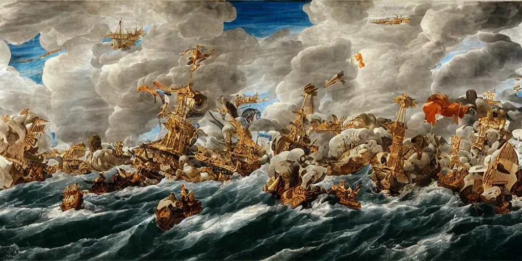 Prompt: incredibly detailed rinascimental painting of a naval battle in fron of Boccadasse. Big wooden ships. Dynamic. Bloon. Sunny. Wide canvas. Style of George Philip Reinagle and Paolo Veronese. Very detailed.