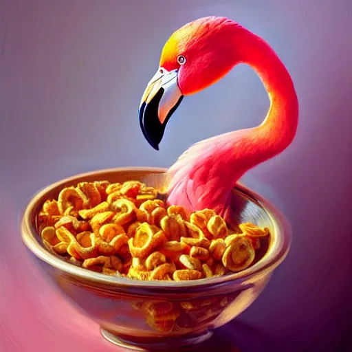 Image similar to a flamingo as a bowl of cereal, detailed, centered, digital painting, artstation, concept art, donato giancola, joseph christian leyendecker, wlop, boris vallejo, breathtaking, 8 k resolution, extremely detailed, beautiful, establishing shot, artistic, hyperrealistic, beautiful face, octane render, cinematic lighting, dramatic lighting, masterpiece