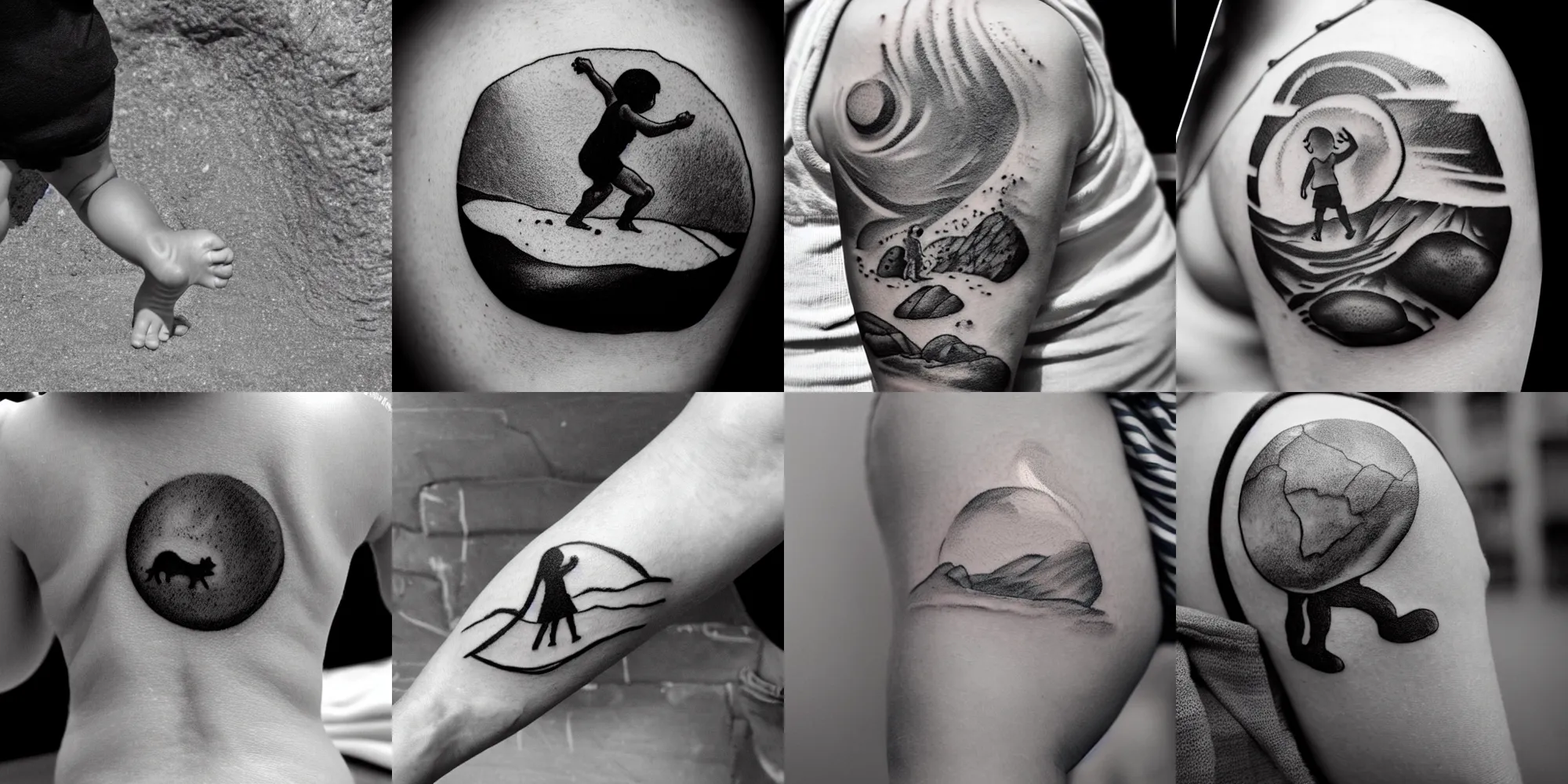 Prompt: black and white tattoo of a toddler pushing a rock uphill on a beach, ink on skin, circular tattoo, myth of sisyphus