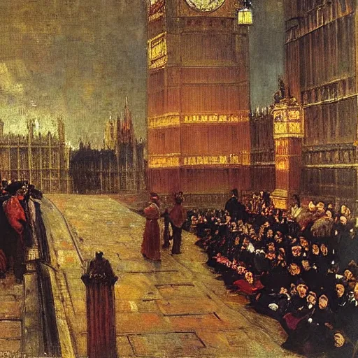 Image similar to the houses of parliament, 1915, brightly colored highly detailed oil on canvas, by Ilya Repin