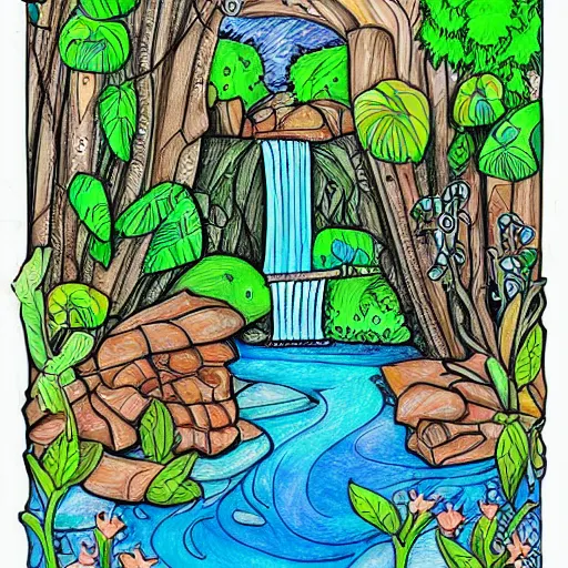 Image similar to an adult coloring page of a waterfall in the enchanted forest, light detail