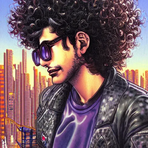 Prompt: a intricately detailed cyberpunk painting of a young curly-haired persian guy cognitive Scientist wearing round glasses in a dreamy cityscape by Masamune Shirow