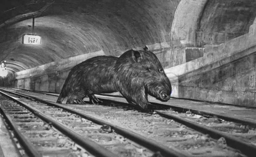 Prompt: old photo from 1 9 6 5. very large giant mutant ugly rat on railways in tonnel of moscow metro. extreme high detail. low light, scary atmosphere