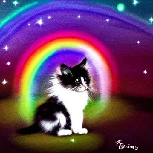 Image similar to of a very proud fluffy rainbow kitten howling at moon with a glowing rainbow aura