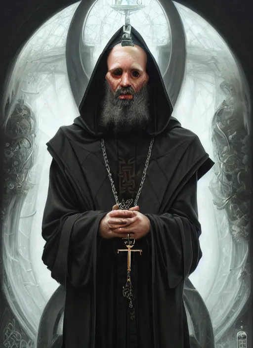 Image similar to portrait of a cyberpunk orthodox priest, grim - lighting, high - contrast, intricate, elegant, highly detailed, centered, digital painting, artstation, concept art, smooth, sharp focus, illustration, artgerm, tomasz alen kopera, peter mohrbacher, donato giancola, joseph christian leyendecker, wlop, boris vallejo