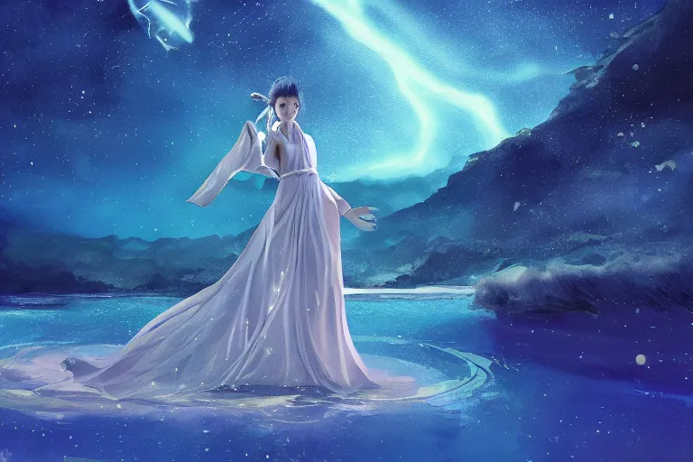 Prompt: beautiful Wizard Korean Goddess wearing chic dress relaxing at the Sea Of Stars of Vaadhoo Island Maldives, Bioluminescent sea plankton that shines bright blue during the night makes the sea area, glowing water, intricate, elegant, luxurious, digital painting, concept art, smooth, sharp focus, from Star Trek 2021, illustration, by WLOP and Ruan Jia and Mandy Jurgens and William-Adolphe Bouguereau, Artgerm